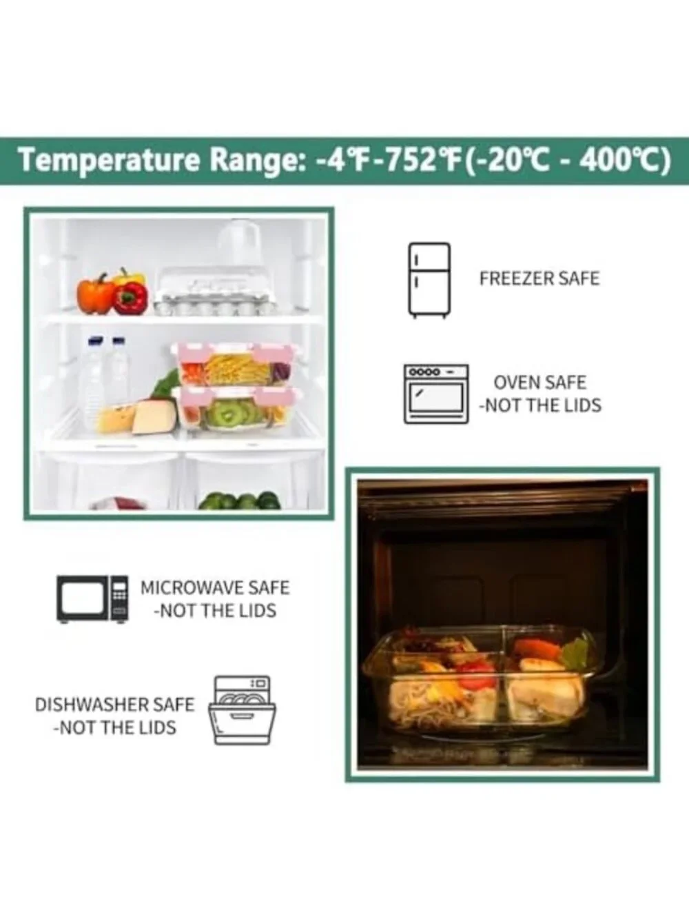 Set of 8 Glass Meal Prep Containers - 36oz, 3 Compartment, BPA-Free Lids